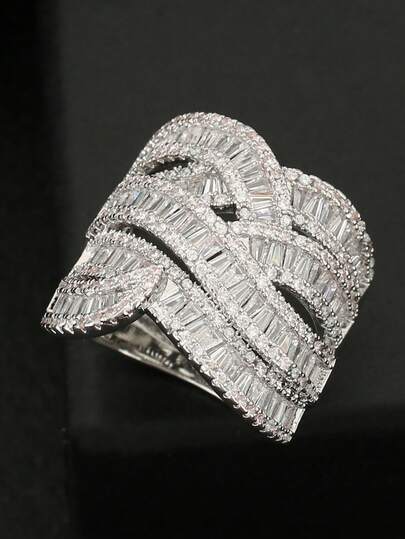 1 pieza Anillo de zirconia eterna y exquisita con diseño hueco entrelazado de varias capas, joyería de moda para mujer, adecuado para compromiso, vacaciones, fiestas, San Valentín y uso diario en todas las estaciones, también se puede regalar a amigos