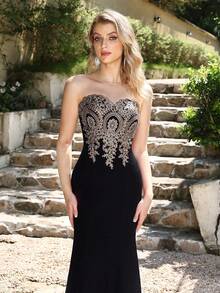 MisShow Women's Lace Applique Long Formal Mermaid Evening Prom Dresses - màu đen - Xem 8