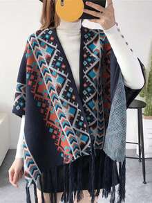 1 pieza Chal, bufanda, poncho, capa de estilo bohemio de punto largo para mujer accesorios de viaje para invierno - Marina de guerra - Ver 5