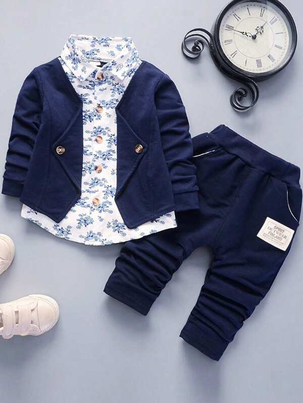 2 piezas Conjunto de estilo 'gentleman' de chaqueta y pantalones para niños pequeños, atuendo de moda para primavera/otoño