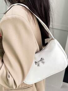 纯色迷你腋下单肩包，PU皮革小包，简约蝴蝶结金属装饰，休闲百搭手提包，大容量拉链法棍包，零钱包，手机袋，适合购物、约会、外出