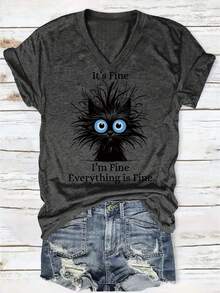 Women's V-Neck Short Sleeve T-Shirt Quirky Cat Adorable Puffy Cat Theme! "Everything Is Fine" Fun Graphics, The Best Choice For Holiday Gifts - Màu xám đen - Xem 1