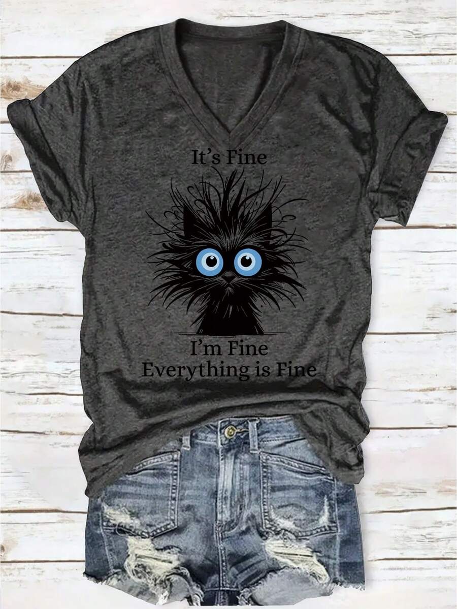 Women's V-Neck Short Sleeve T-Shirt Quirky Cat Adorable Puffy Cat Theme! "Everything Is Fine" Fun Graphics, The Best Choice For Holiday Gifts - Màu xám đen - Xem 1