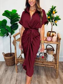 Women's Satin SIlky Button Down Ruched Shirt Dresses Short Sleeve Lapel V-Neck Belted Dress Elegant Spring Summer Wedding Evening Valentine Long Midi Dress - 深酒紅色 - 查看 1
