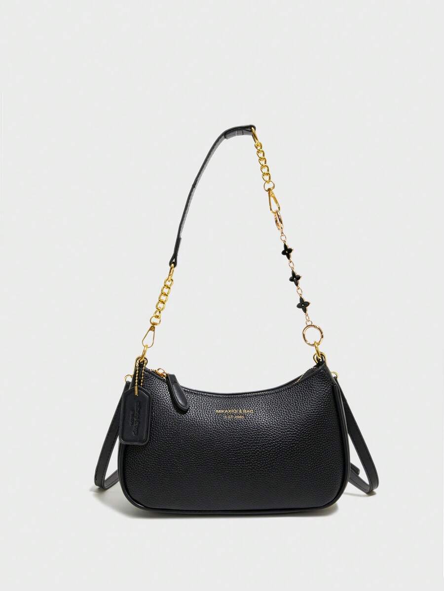 新款时尚经典多功能PU防水面料，字母图案装饰，纯色单肩新月包，腋下包，肩带黑色四叶草延长链条设计，时尚女士单肩包，轻便，适合购物和聚会，可随身携带。 - 黑色 - 查看 1