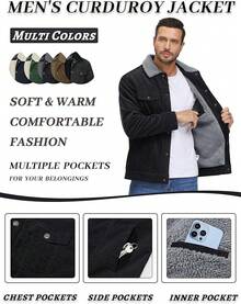 KEFITEVD Men's Corduroy Jacket Sherpa Lined Fleece Trucker Jackets Cotton Turn-Down Collar Jacket Warm Winter Coat