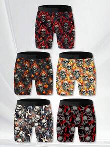 5 Pack Of Men's Novelty Shorts, Skull Pattern Print, Polyester Stretch Fabric, Soft And Skin-Friendly, Quick-Drying And Breathable, Naughty And Cute Men's Casual Long Boxer Briefs - Multicolor - View 3