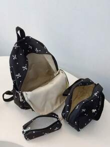 3pcs Nylon Bow Print Backpack Set, Foldable Multi-Pocket Large Capacity Waterproof Zipper Backpack, Suitable For Teenagers, High School Students, College Students, Ladies Daily Commute And Travel, Valentine's Day Gift - Black - View 7