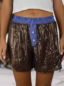 Women's Pajama Shorts Sparkly Sequined Striped Trim Low Rise Sleep Shorts For Summer - Brown - View 5