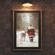Frameless, A Santa Claus Reindeer Wall Art Print Poster, Winter Forest Snow Scene Christmas Home Decoration Painting, Farmhouse Christmas Print Hanging Painting, And His Reindeer Painting, Canvas Poster Room Decoration, Living Room Art Decoration, Modern Home Wall Art Decoration, Ideal Home Gift Creativity, Suitable For Living Room Study Bedroom Corridor Art Decoration Painting Christmas Decorations