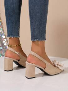 女式米色仿花高跟鞋，优雅粗跟，包头凉鞋，时尚尖头米色高跟鞋，踝带设计，百搭连衣裙、旗袍、舞蹈 - 米色 - 查看 6