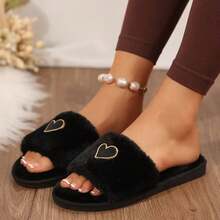 Women's Fashion Heart Decor Plush Slippers, Soft & Comfortable For Women, Suitable For Living Room And Bedroom, All Seasons