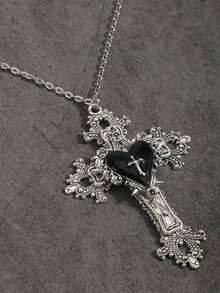 复古哥特风格个性化荆棘玫瑰十字架心形吊坠十字架项链，Y2K 女士项链，不锈钢链，万圣节礼物 - 銀色 - 查看 6