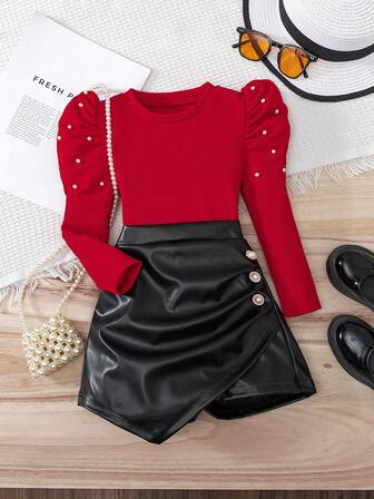 BASUSARRI 2 st set med pärlor, rund hals, puffärmar och veckade shorts med resår i midjan för unga flickor, långärmad, elegant och trendig outfit för flickor