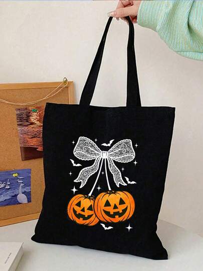 Element Halloween, swobodna, prosta torba na ramię z kokardą i nadrukiem dyni, torebka na ramię, minimalistyczna torba w stylu boho, damska, prezent, odpowiednia do pracy, podróży, zakupów, szkolna torba o dużej pojemności, przenośna, odpowiednia dla nastolatek, studentek, pracownic umysłowych, bardzo odpowiednia do pracy, powrotu do szkoły, gimnazjum, liceum, studiów, wakacji, prezent na Halloween, torby na Halloween idealne na eleganckie przyjęcie, pasujące do kostiumów na Halloween