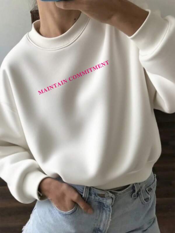 Women's Autumn And Winter MAINTAIN COMMITMENT Slogan Graphic Long Sleeved Crew Neck Sweatshirt ,Casual Loose And Versatile Holiday Style Tops,Fashionable Fall Women Clothes Suitable For Daily Wear