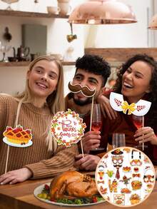 30 Packs Decorative Thanksgiving Photo Booth Props Reusable Give Thanks Harvest Turkey Paper Party Supplies Durable DIY Fall Funny Photo Prop With Stickers For Garden Indoor Thanksgiving Feast Party Decoration - Multicolor - View 1