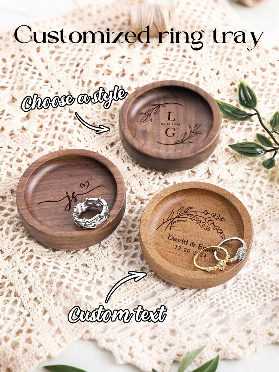 1pc Customized Jewelry Tray, Personalized Wooden Ring Tray, Customized Round Wooden Ring Holder, Engagement Ring Stand, Couple Wedding Gift, Round Jewelry Display Tray, Photography Prop, Customized Jewelry Tray - Multicolor - View 1
