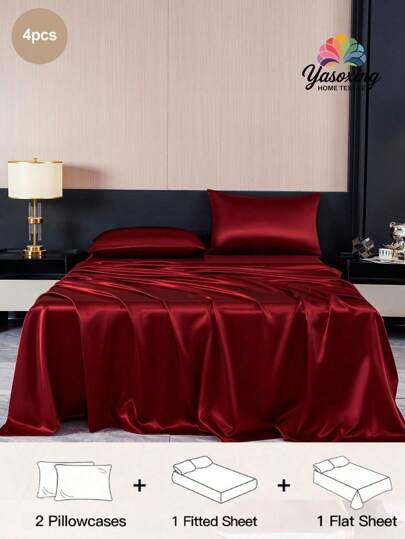 4Pcs Wine Red Premium Plain Silky Satin Sheet Set Bedding Set, 1pc Fitted Sheet & 1pc Flat Sheet& 2pcs Pillowcase Bedding Mattress Protector Set (Not Including Pillow Core)Luxury Satin Fitted Sheet Set King Queen Full TWIN SIZE Sheet Deep Pocket Up To 11.8 Inch Satin Pillowcase, Soft Breathable Wrinkle-Free Better For Sleep, Luxury Hotel Style, Gift For Mom Dad Friend Domitory Bedding Back School Bedding