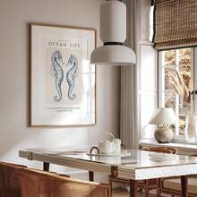 1 tranh in hình cá ngựa xanh nước biển cổ điển không khung, tranh treo tường phòng tắm ven biển với họa tiết vải lanh, áp phích trung tính về biển cho phòng tắm spa & trang trí nhà trên bãi biển | Phong cách Hamptons, vật dụng thiết yếu trong ký túc xá - Nhiều màu - Xem 4