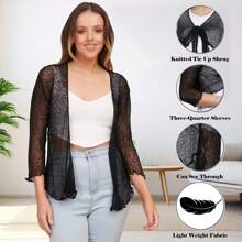 Womens Fish Net Knitted Tie Up Bolero Shrug Top Ladies 3/4 Sleeve One Size Fits All - Kiwi - View 6