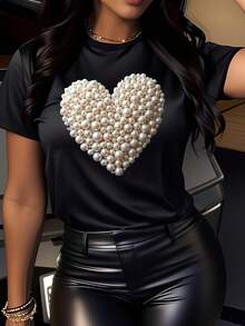 Elegant Women's T-Shirt With Pearl Heart Design  Casual & Formal Wear  Perfect For Dates, Parties, And Everyday Use  Stylish And Comfortable Fit  Ideal Gift For Her - 黑色 - 查看 1