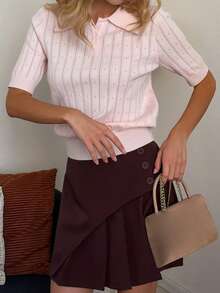 Women's Summer Knit Tops Short Sleeve Turn Down Collar Solid Color Cutout T-Shirt