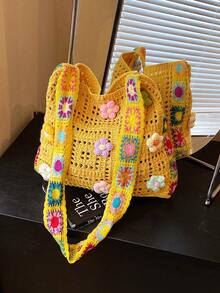Vintage Hollow Floral Contrast Color Casual Crossbody Bag (Flower Color And Position Random) - Multicolor - View 2
