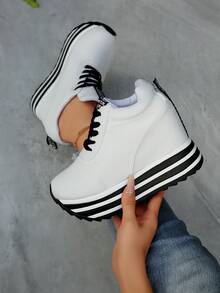 Fall/Winter Women's Platform Sneakers, Casual Lace-Up Elevator Skate Shoes, Versatile & Fashionable - White - View 4