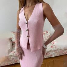 European And American New Women's Suits Are Fashionable And Elegant Knitted Vest-Style Vest Skirt Two-Piece Set - 粉色 - 查看 2