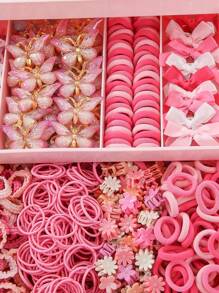 548pcs/Set Girls' Pink Fabric Bow Hair Clips, Elastic Hair Ties, Butterfly Hair Claws, Bangs Clips, Versatile Daily Use - Multicolor - View 3
