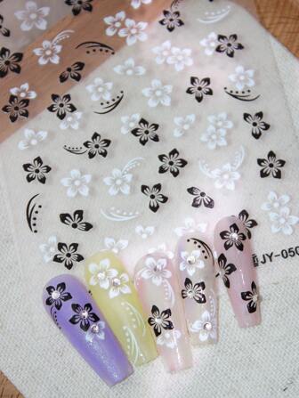 1 feuille/set Autocollants d'art pour ongles motif floral noir et blanc mat 3D, décalcomanies pour ongles 3D imperméables avec auto-adhésif, décorations d'art pour ongles, téléphones, visage, etc.