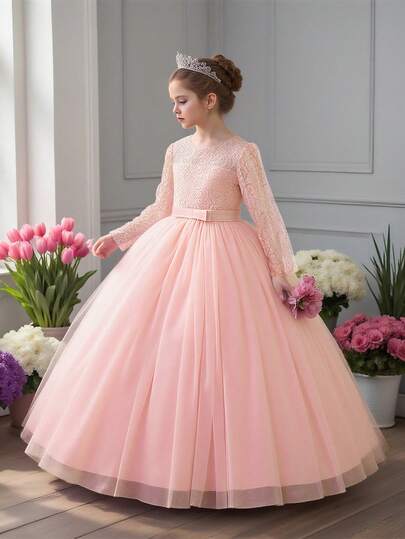 Tween Girls Lace 3/4 Sleeve Bow Mesh Elegant Birthday Party Princess Dress, Suitable For School Graduation Prom Flower Girl, Headband Not Included