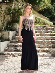 MisShow Women's Lace Applique Long Formal Mermaid Evening Prom Dresses - màu đen - Xem 1