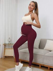 Maternity High Waist Seamless Elastic Solid Color Leggings, Suitable For Casual Daily Wear Spring - Burgundy - View 5