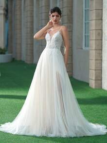 ANGELAG Spaghetti Strap Deep V Lace Embroidery Beaded Outdoor Slit Long Wedding Dress - Rice Skin - View 2