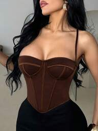 Apperloth A Y2K Sexy Brown Corset Boned Tops For Women Mesh Grommet Eyelet Lace Up Back Backless Adjustable Straps Overbust Bustier Shapewear Crop Cami Tank Top Halloween Clothes Rave Festival Outfits