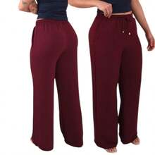 Women's High Waist Wide Leg Pants With Pocket - 酒紅色 - 查看 1