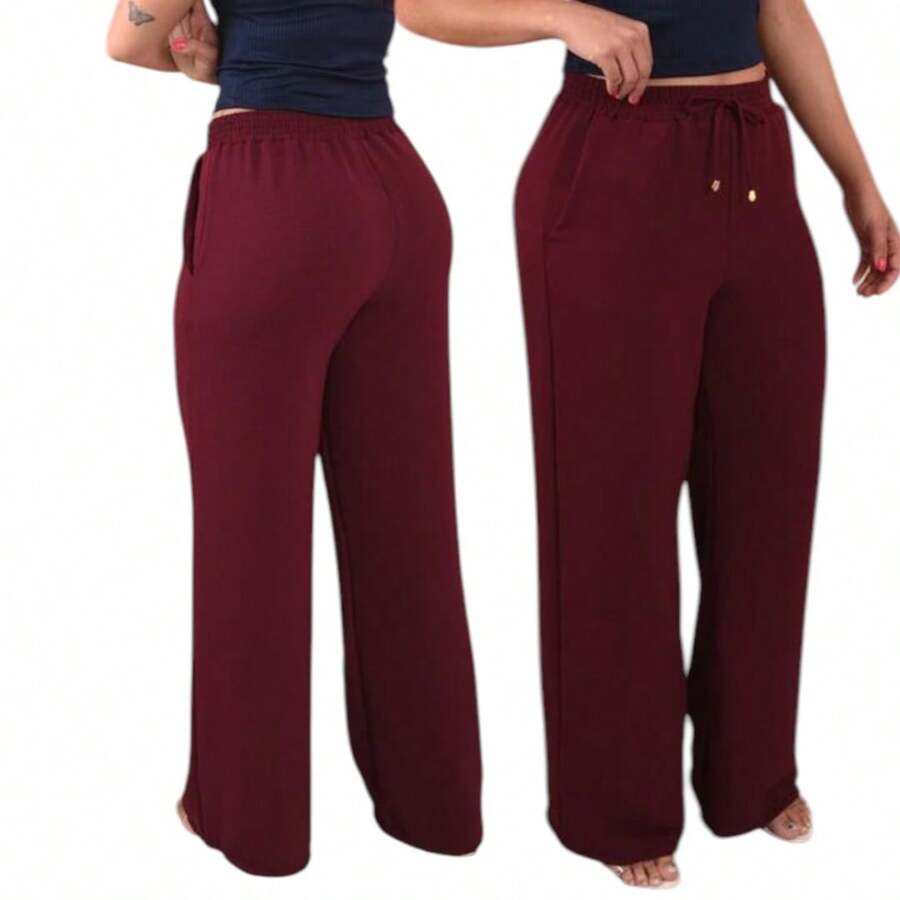 Women's High Waist Wide Leg Pants With Pocket - 酒紅色 - 查看 1