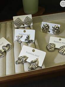 24 Pieces Of Fashionable, Simple, Exquisite, Elegant And Retro, Stainless Steel Flower Twisted Butterfly Heart Geometric Round Asymmetric Wide Face Exaggerated Metal Style Earrings/Stud Earrings Multi-Piece Set, Holiday Vacation Party Date Gift, Daily Wear Random Shipment, Factory Direct - Silver - View 4
