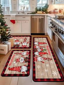 1 pieza Felpudo decorativo navideño de 40x60cm / 50x80cm / 40x120cm, diseño de estilo de tabla de madera vintage con patrón de gnomo rojo, adecuado para decoración navideña y de invierno del hogar, entrada, patio, decoración festiva