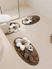 1/3pcs Set, Home Decor Mat Set, 3D Brown Butterfly Pattern, Bathroom Non-Slip Absorbent Mat, Silica Gel Retro Pattern Mat, U-Shaped Toilet & Sink Absorbent Foot Mat, 2.5mm Thickness Entryway Decor Bathroom Kitchen Decor Kitchen Rug