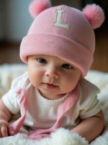 1 件婴儿字母针织帽，柔软、温暖、舒适，适合男孩和女孩秋冬季户外使用。 - 粉色 - 查看 4