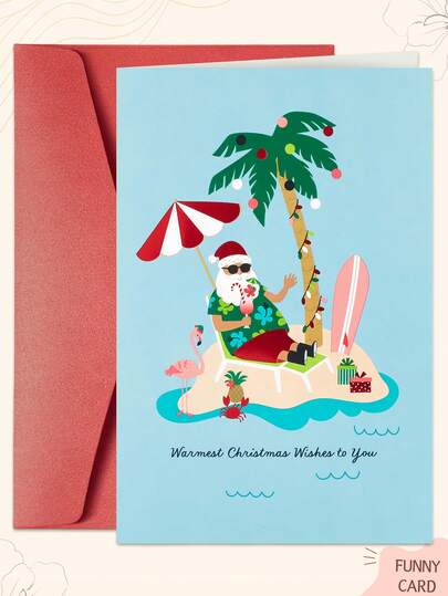 1 szt. Zabawna kartka świąteczna z kopertą - Tropikalna kartka z Mikołajem - Najcieplejsze życzenia świąteczne - Zabawne, nostalgiczne pozdrowienia dla rodziny i przyjaciół, odpowiednie na każdą okazję świąteczną