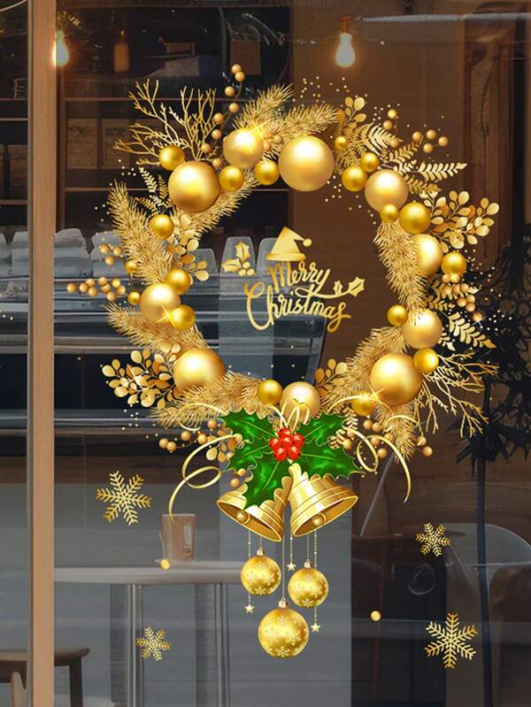 1/2pcs Christmas Window Clings, Gold Bell, Eggs, Wreath And Snowflake Pattern Glass Stickers, Static Cling Reusable For Party, Home, Restaurant, Storefront Decor Background  Christmas Decor  Christmas Decorations Wall Stickers Room Decor Wall Decor Christmas Decoration Home Decor