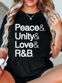 Peace Unity Love RB RnB Soul Music Lovers T-Shirt Print T-Shirt, Short Sleeve Round Neck Casual Top For Summer & Spring, Women's Clothing - 黑色 - 查看 1