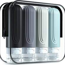 4 piezas Botellas de viaje para artículos de tocador, botellas de viaje a prueba de fugas, envases de silicona exprimibles, accesorios de viaje botellas recargables con bolsa de tocador, accesorios de viaje a prueba de fugas para líquidos y cosméticos como champú o loción. El color y algunos elementos se envían de forma aleatoria.
