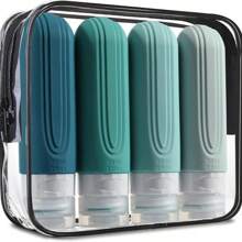 4 piezas Botellas de viaje para artículos de tocador, botellas de viaje a prueba de fugas, envases de silicona exprimibles, accesorios de viaje botellas recargables con bolsa de tocador, accesorios de viaje a prueba de fugas para líquidos y cosméticos como champú o loción. El color y algunos elementos se envían de forma aleatoria.