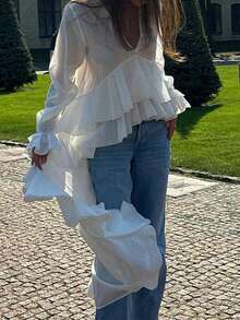 Loose White Women's Blouse, 2025 Fashion V-Neck Long Sleeve Shirt, Elegant Asymmetrical Ruffle Hem Top, Woven Fabric With Pleated Ruffle Trim, Graceful For Daily Wear, Spring & Autumn - White - View 2