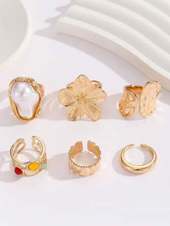 6PCS European Baroque Ring Kit Pearl Flower Opening Retro Fashion Ruffle Finger Ring